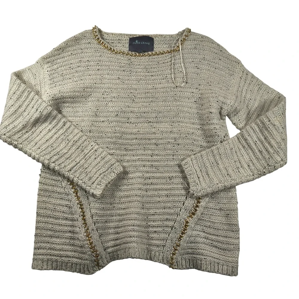 Paper Crane Sweater Gray Knit Long Sleeve Metallic Gold Chain Trim Cozy Chic‎
